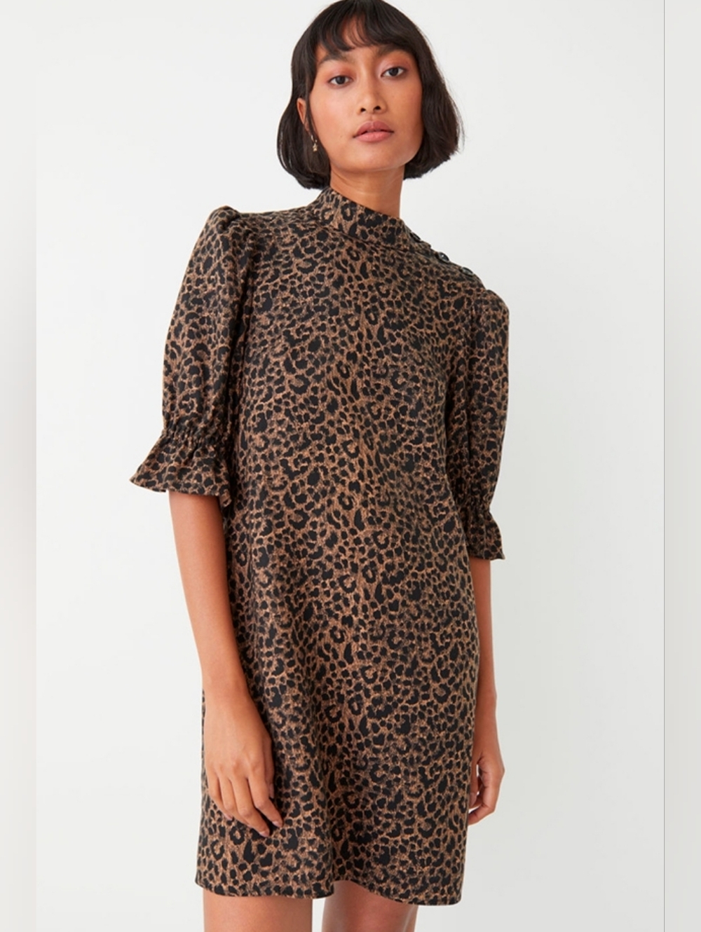 & Other Stories Leopard Print Mini Dress Size 4 Puff Sleeve High Neck
